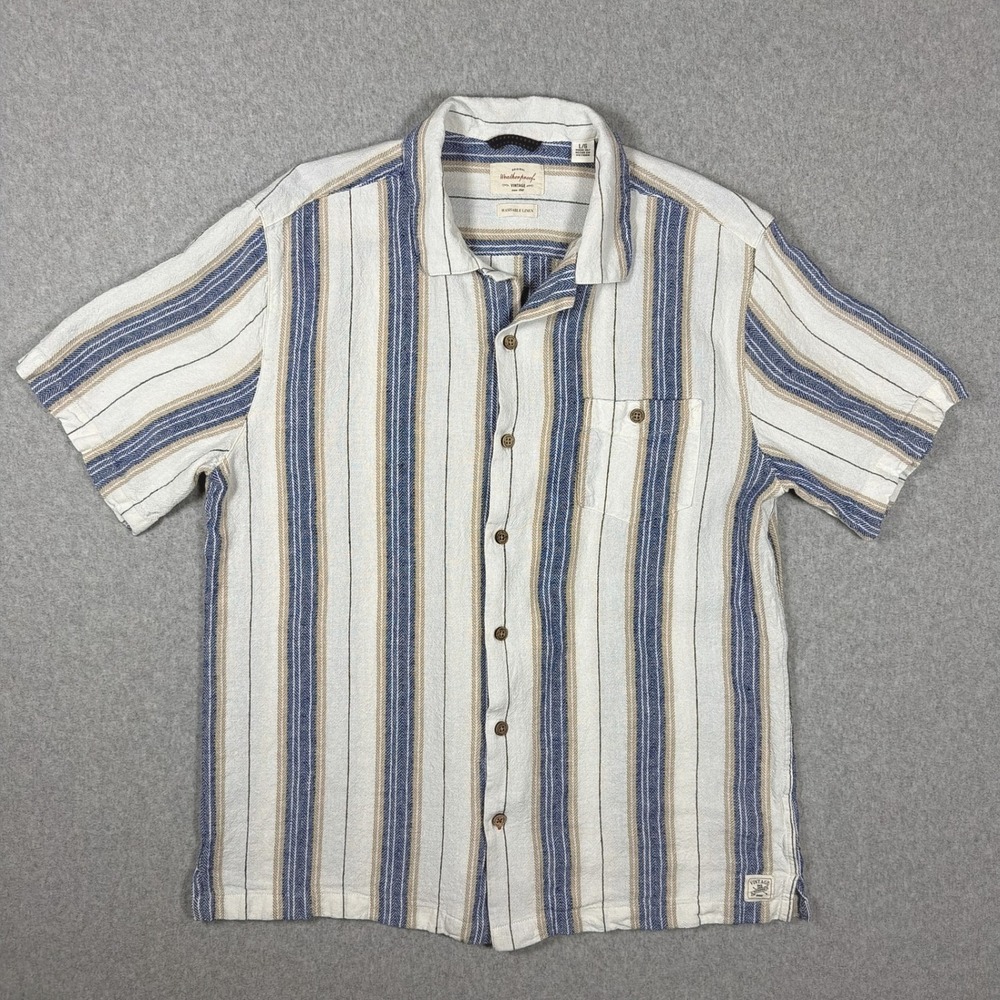Weatherproof Vintage Mens Large Linen Blend Striped Short Sleeve Button Down